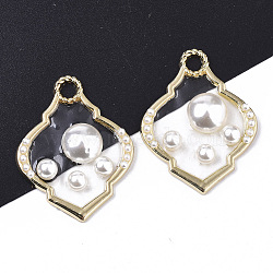 Epoxy Resin Pendants, with ABS Plastic Imitation Pearl and Light Gold Plated Alloy Open Back Bezel, Rhombus, Clear, 37x28.5x5.5mm, Hole: 3.5mm(X-RESI-T045-017)