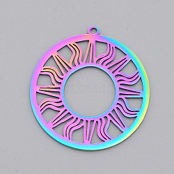 Ion Plating(IP) 201 Stainless Steel Solar Eclipse Pendants, Laser Cut, Ring with Sun, Rainbow Color, 33x30.5x1mm, Hole: 1.6mm(STAS-S105-LA495)