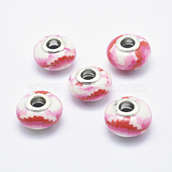 Handmade Polymer Clay European Beads, with Silver Color Plated Brass Cores, Large Hole Beads, Rondelle, Hot Pink, 13~16x8~11mm, Hole: 4.5~5mm(CLAY-K002-L21)