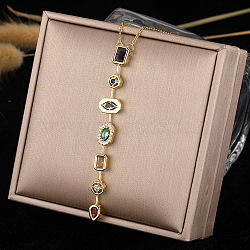 304 Stainless Steel Pave Cubic Zirconia Rectangle Oval Drop Pendant Long Tassel Necklaces, Golden, Colorful, 15.75 inch(40cm)(FS-WGDB594-01)