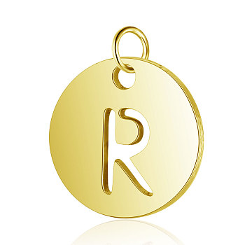304 Stainless Steel Charms, Flat Round with Letter, Golden, Letter.R, 12x1mm, Hole: 2.5mm