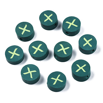 Handmade Polymer Clay Beads, Flat Round with Alphabet, Dark Green, Letter.X, 9x3.5~5mm, Hole: 1.6mm