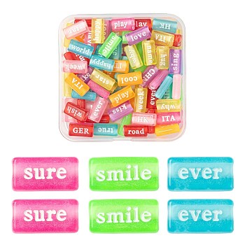 100Pcs Transparent Acrylic Beads, Spray Painted, Rectangle with Words, Mixed Color, 7.5x15x4.5mm, Hole: 3mm, 100pcs/box