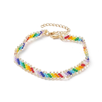 Glass Seed Braided Beaded Bracelet, 304 Stainless Steel Bracelet for Women, Colorful, 7-1/2 inch(19cm)