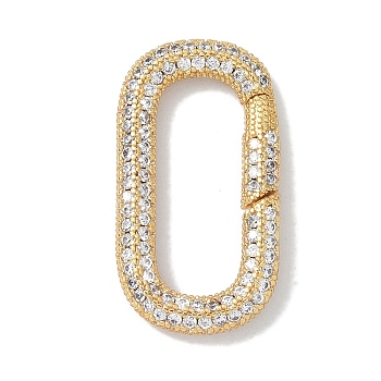Rack Plating Brass Micro Pave Cubic Zirconia Spring Gate Rings Clasps, Cadmium Free & Lead Free, Long-Lasting Plated, Real 18K Gold Plated, Oval, Clear, 26x14x3mm