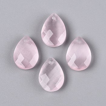 Cat Eye Pendants, Teardrop Charms, Faceted, Pink, 17.5~18.5x12.5~13.5x5~6.5mm, Hole: 0.9~1.6mm