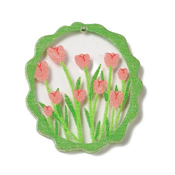 Printed Acrylic Pendants, Oval with Flower Charm, Light Green, 39.5x34.5x2.5mm, Hole: 1.5mm