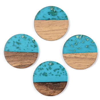Transparent Resin & Walnut Wood Pendants, with Gold Foil, Flat Round, Dark Turquoise, 28x3mm, Hole: 2mm