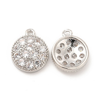 Brass Micro Pave Cubic Zirconia Charms, Flat Round Charm, Platinum, Clear, 12x10x3mm, Hole: 1.2mm