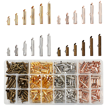 Iron Slide On End Clasp Tubes, Slider End Caps, Antique Bronze & Golden & Platinum & Rose Gold, 480pcs/box