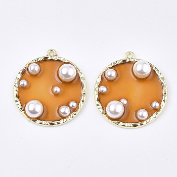 Epoxy Resin Pendants, with ABS Plastic Imitation Pearl, Alloy Findings and Enamel, Flat Round, Golden, Orange, 36x33x8mm, Hole: 1.8mm