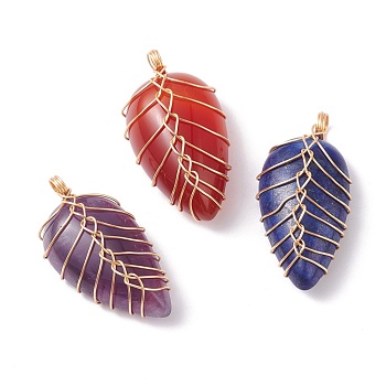 Natural Mixed Gemstone Pendants, with Copper Wire Wrapped, Golden, Teardrop Charm, 32~33x16~17.5x8.5~11mm, Hole: 3.5mm