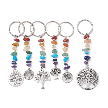 6Pcs Tibetan Style Alloy Tree of Life Keychains, with Chakra Gemstone Chips and Iron Split Key Rings, Mixed Shapes, 10.2cm