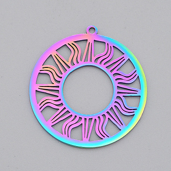 Ion Plating(IP) 201 Stainless Steel Solar Eclipse Pendants, Laser Cut, Ring with Sun, Rainbow Color, 33x30.5x1mm, Hole: 1.6mm