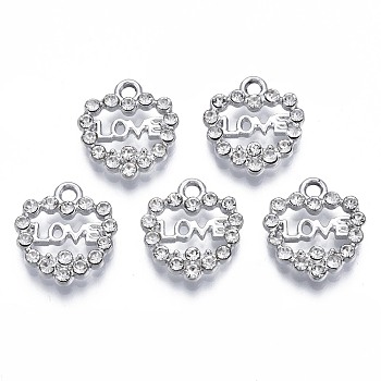 Alloy Charms, with Crystal Rhinestone, Cadmium Free & Lead Free, Heart, Platinum, 14.5x13.5x3mm, Hole: 1.8mm