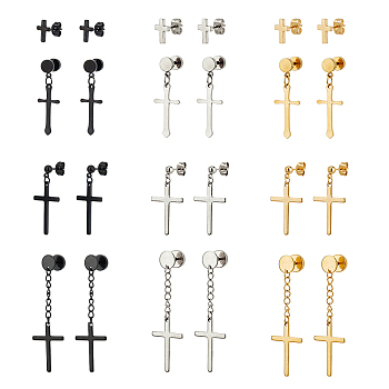 24Pcs 12 Style Stainless Steel Cross Stud Earrings with 304 Stainless Steel Pins for Women Men, Mixed Color, 10~55x7.5~16mm, 2pcs/style