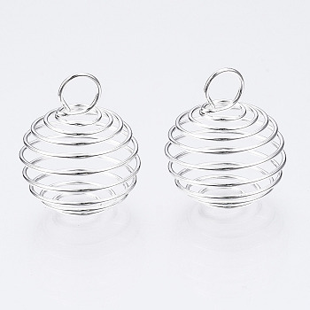 Iron Wire Pendants, Spiral Bead Cage Pendants, Round, Silver, 28~30x24~25mm, Hole: 6mm
