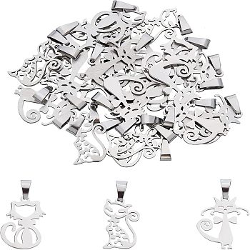 Unicraftale 24Pcs 3 Style 304 Stainless Steel Kitten Pendants, Cat, Stainless Steel Color, 8pcs/style