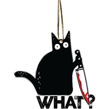 Christmas Cat Shape Acrylic Pendant Decoration, with Nylon Rope and Iron Bell, for Car Rear View Mirror Hanging Ornament, Word, 73x77.5x4mm, Hole: 2.5mm