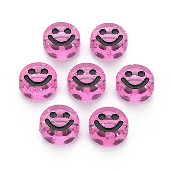 Transparent Acrylic Beads, with Glitter Powder, Flat Round with Black Enamel Smile Face, Pearl Pink, 10x5mm, Hole: 2mm, about 1450pcs/500g