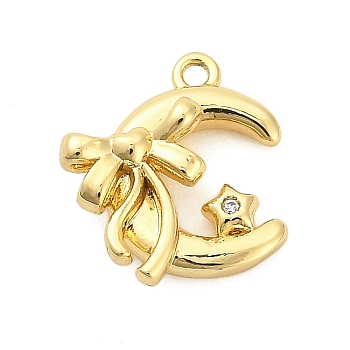 Brass Micro Pave Cubic Zirconia Pendants, Moon with Bowknot and Star Charms, Golden, 15x13x4.5mm, Hole: 1.3mm