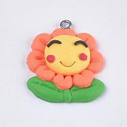 Handmade Polymer Clay Pendants, with Iron Findings, Flower, Platinum, Colorful, 30.5x25x7.5mm, Hole: 1.5mm(X-CLAY-S093-08)