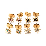 Rhinestone Flower Stud Earrings with 316 Surgical Stainless Steel Pins, Gold Plated 304 Stainless Steel Jewelry for Women, Mixed Color, 8x8mm, Pin: 0.8mm(EJEW-A081-10G)