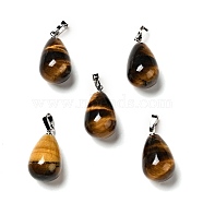 Natural Tiger Eye Pendants, with Platinum Tone Brass Findings, Teardrop Charm, 20~21x11~12mm, Hole: 6x3.5mm(G-I332-05P-14)
