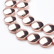 Electroplate Non-magnetic Synthetic Hematite Beads Strands, Grade AAA, Flat Round, Rose Gold Plated, 10~10.5x4mm, Hole: 1mm, about 40pcs/strand, 15.9 inch(40.5cm)(G-K259-54-10mm-01RG)