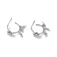 Brass Clear Cubic Zirconia Stud Earring Findings, with Three Cup Peg Bails and 925 Sterling Silver Pins, Half Ring with Flower, Platinum, 25x8mm, Pin: 0.8mm(KK-B063-23P)