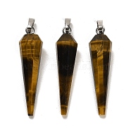 Natural Tiger Eye Pointed Pendants, Faceted Cone Charms with Platinum Plated Barss Snap on Bails, 35~35.5x8~8.5mm, Hole: 6.5x4mm(G-D089-01P-03)
