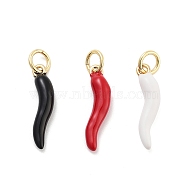 Rack Plating Brass Enamel Pendants, with Jump Ring, Cadmium Free & Lead Free, Long-Lasting Plated, Real 18K Gold Plated, Horn of Plenty/Italian Horn Cornicello Charms, Mixed Color, 17x4.5x3mm, Hole: 3mm(KK-G512-21G)