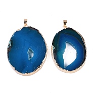 Natural Agate Big Pendants, Oval Charms, Dyed & Heated, with Golden Plated Brass Findings, Blue, 50~62x33~43x5~7mm, Hole: 7.5x4.5mm(KK-F868-29G-02)
