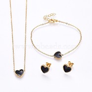 304 Stainless Steel Jewelry Sets, Pendant Necklaces & Stud Earrings & Bracelets, with Enamel, Heart, Golden, 16.93 inch(43cm), 7-1/8 inch(18cm), 9x10x2mm, Pin: 0.8mm(SJEW-H129-22G)