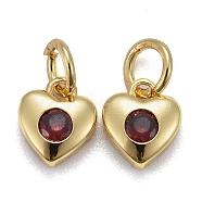 Brass Micro Pave Cubic Zirconia Charms, Long-Lasting Plated, Real 18K Gold Plated, Heart, Dark Red, 7.5x7x3mm, Hole: 3mm(KK-P192-07-G05)