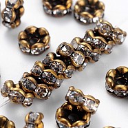 Brass Rhinestone Spacer Beads, Grade AAA, Wavy Edge, Nickel Free, Antique Bronze Metal Color, Rondelle, Crystal, 6x3mm, Hole: 1mm(RB-A014-L6mm-01AB-NF)