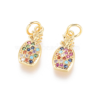 Brass Micro Pave Cubic Zirconia Pendants, with Jump Rings, Long-Lasting Plated, Pineapple, Colorful, Golden, 14x6.5x2.5mm, Hole: 3mm(ZIRC-L093-27G)