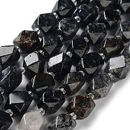Natural Black Rutilated Quartz Beads Strands, with Seed Beads, Faceted, Rhombus, 12~15x9~12x9~12mm, Hole: 1~1.2mm, about 20~21pcs/strand, 15.20~15.51 inch(38.6~39.4cm)(G-C182-18-01)