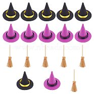 12Pcs 2 Colors Polyester Witch Hats, Handmade Gnome for Halloween Party Favors DIY Hair Accessories Crafts, with 6Pcs Wood Mini Broom Witches Broomstick Straw Broom, Mixed Color, 98~69x26~68mm, 6pcs/style(AJEW-CP0005-50)