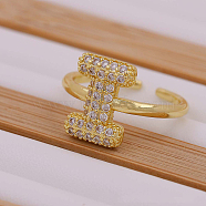 Brass Micro Pave Clear Cubic Zirconia Initial Cuff Rings, Golden, Letter I, Inner Diameter: Adjustable(FS-WGB210B-10)