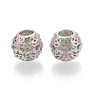 Alloy Enamel European Beads, with Rhinestone, Hollow, Large Hole Beads, Rondelle with Flower, Platinum, 11.5x9.5mm, Hole: 5mm(PALLOY-T048-27P)