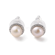 925 Sterling Silver Studs Earring, with Cubic Zirconia and Natural Pearl, Round, Platinum, 8.5mm(EJEW-H002-16P)