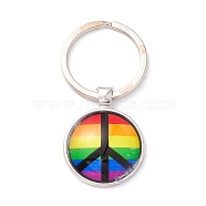 Pride Style Glass Keychain, with Platinum Plated Alloy Findings, Flat Round, Stripe Pattern, 6.2cm(KEYC-F033-01B)