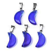 Transparent Spray Painted Glass Pendants, with Platinum Plated Brass Bails, Moon, Blue, 21.5x10.5x6mm, Hole: 4mm(GLAA-N035-021-F02)