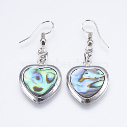 Abalone Shell/Paua Shell Dangle Earrings, with Brass Findings, Heart, Platinum, 44mm, Pin: 0.7mm(EJEW-F147-A10)