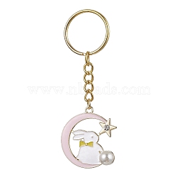 Moon with Rabbit Alloy Enamel Pendant Keychain, with Iron Split Key Rings, Rabbit, 8.6cm(KEYC-JKC00623-04)