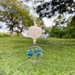 Heart Natural Rose Quartz Pendant Decoration, with Synthetic Turquoise Chips and Alloy Findings, Tree of Life, 130x30mm(DJEW-PW0002-22H)