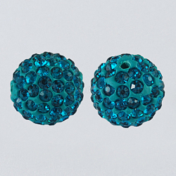 Pave Disco Ball Beads, Polymer Clay Rhinestone Beads, Round, Blue Zircon, PP13(1.9~2mm), 5 Rows Rhinestone, 8mm, Hole: 1mm(RB-A170-8mm-14)