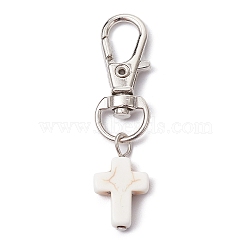 Synthetic Turquoise Cross Pendant Decorations, with Alloy Swivel Lobster Claw Clasps, White, 50mm(HJEW-JM01531-02)