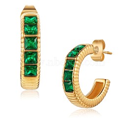 Green Cubic Zirconia C-shape Stud Earrings, 430 Stainless Steel Half Hoop Earrings for Women, Golden, 19x5mm(JE937A)